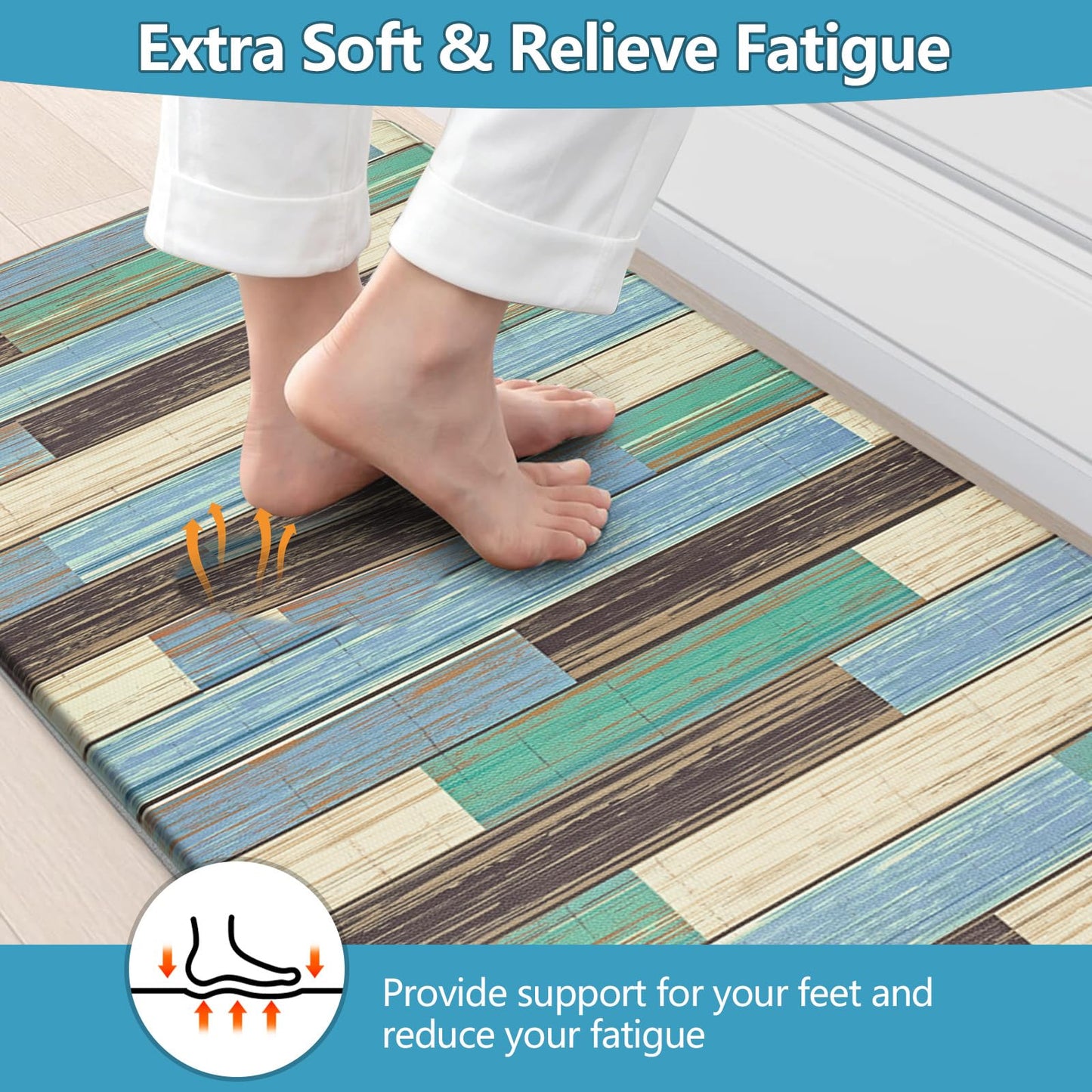 LOKHOM Anti Fatigue Kitchen Mats for Floor, 24x59 Non Slip Modern Cushioned Standing Comfort Kitchen Runner Rug, Waterproof Geometric Patchwork Memory Foam Padded for Sink Laundry Office, Teal