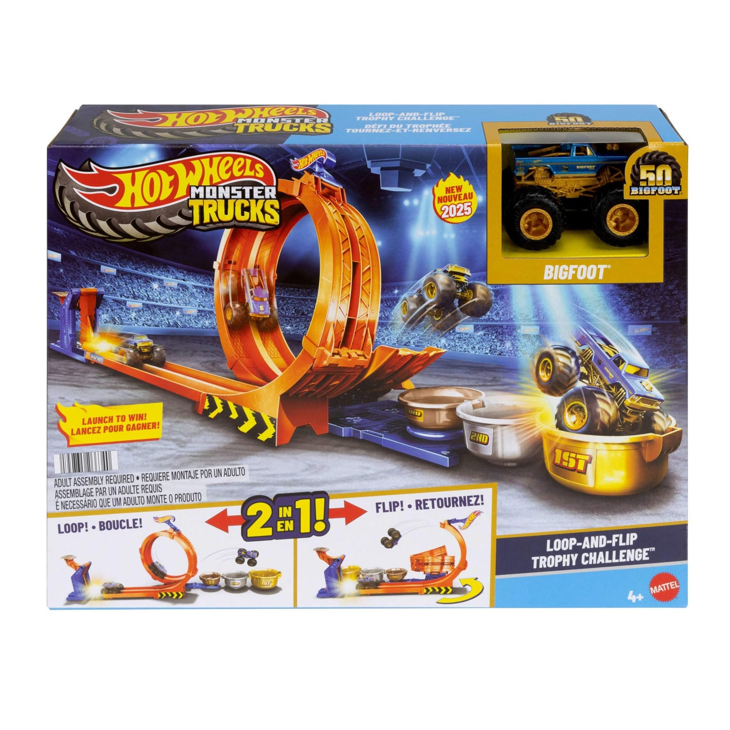 Hot Wheels Monster Trucks Toy Truck & Track Set, Loop-And-Flip Trophy Challenge Playset & 1:64 Scale 50th Anniversary Die-Cast Bigfoot, 2 Ways to Play, JBX64