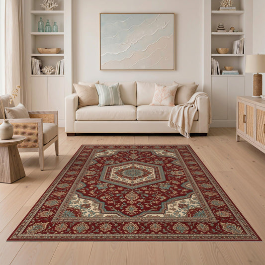 ODIKA 5'x7' Washable Area Rug Bedside Classical Way Displaying Symmetrical Decorative Vintage Non-Slip Low Profile for Guest Room, Lounge, Apartment