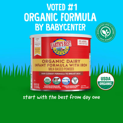 Earth's Best Organic Baby Formula for Babies 0-12 Months, Powdered Dairy Infant Formula with Iron, Omega-3 DHA, and Omega-6 ARA, 32 oz Formula Container