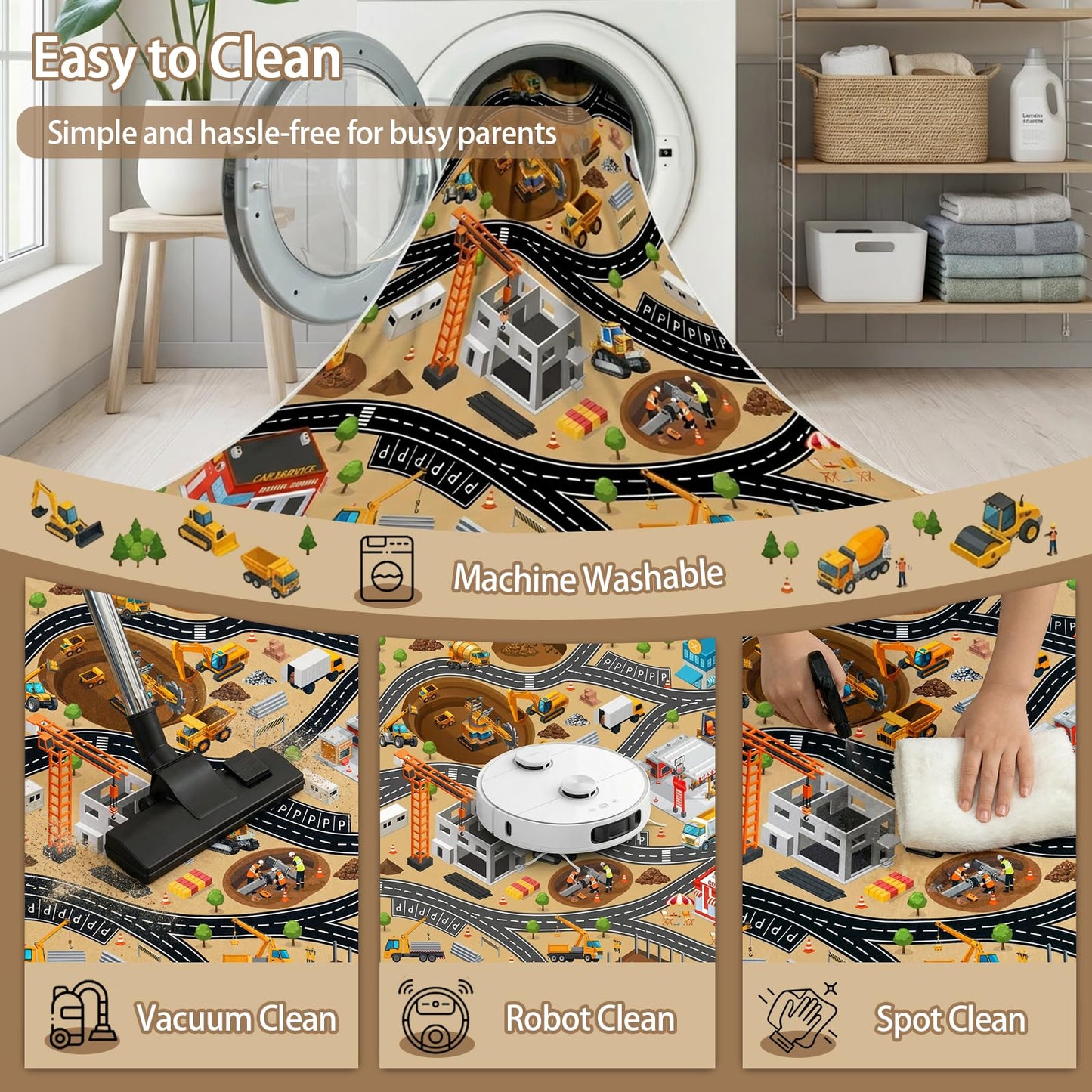 5x7 Ft Construction Site Car Rug Play Mat, Faux Wool Kids Rugs Engineering Car Playmat for Children Toddler, Non Slip City Road Trucks Rug Washable Carpet for Boy Playroom Bedroom Nursery