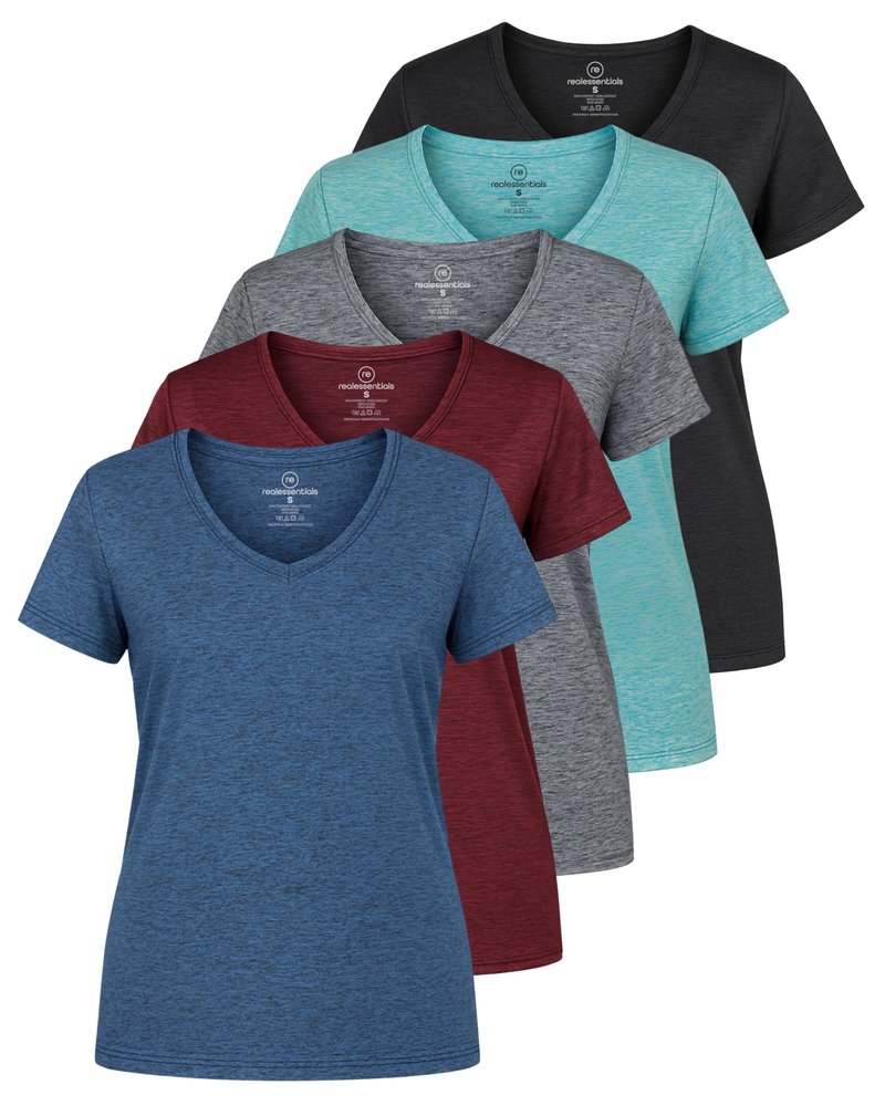 Real Essentials 5 Pack: Women's Dry-Fit Short Sleeve V Neck T Shirt Workout Fitness Yoga Top Tee, Set 8, XL