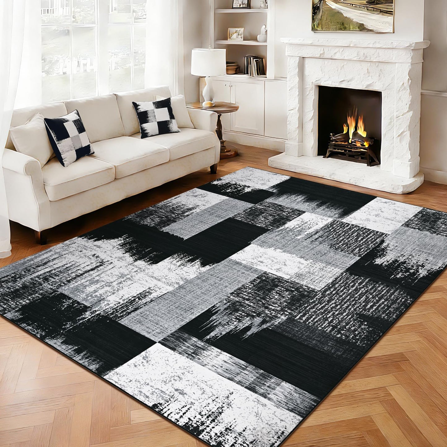 Yinhua Modern Geometric 5x8 Area Rug, Patchwork Grey Rugs for Living Room Washable Abstract Area Rug Non Slip, Soft Bedroom Rugs Stain Resistant, Mid Century Low Pile Carpet for Dining Room, Office