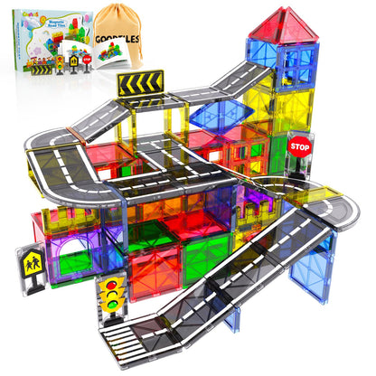Magnetic Tiles - Road Set, Magnetic Building Blocks, Preschool Montessori Toys Gift for 3+ Year Old Boys and Girls, Sensory Christmas Toys for Kids Aged 3-5 and 4-8, Ideas for Toddler with Autism