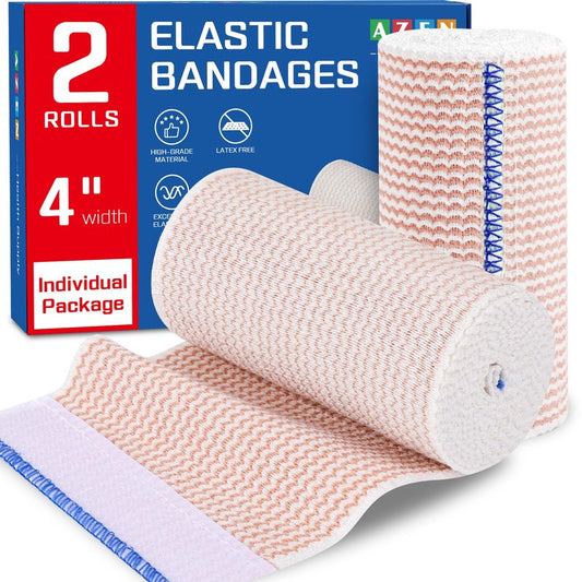 AZEN Premium 2 Pack Elastic Bandage Wrap 4 Inch, Compression Wrap Bandage for Legs, Lymphedema Wraps for Legs, Ankle, Knee, Tummy, Body, Latex-Free