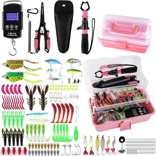 3-Layer Fishing Tackle Box - Complete Fishing Tools Kit with Pliers, Gripper & Baits | Pink Color