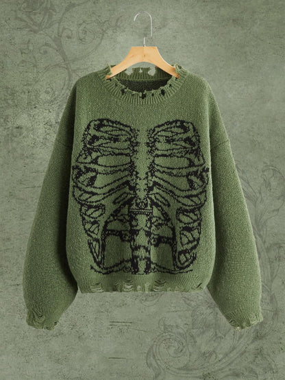 SHENHE Women's Oversized Skeleton Pattern Ripped Round Neck Sweater Pullover Green M