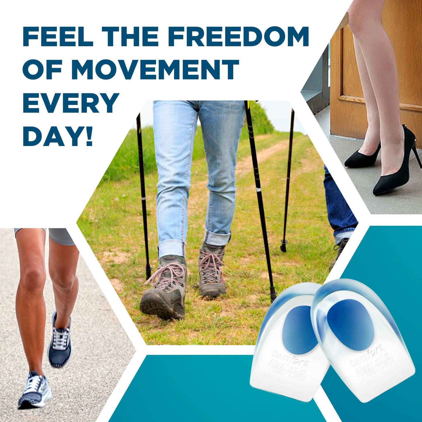 Heel Cups for Achilles Tendonitis & Plantar Fasciitis - 2 Pack Gel Shoe Inserts for Heel Pain Relief, Arch Support, for Women & Men