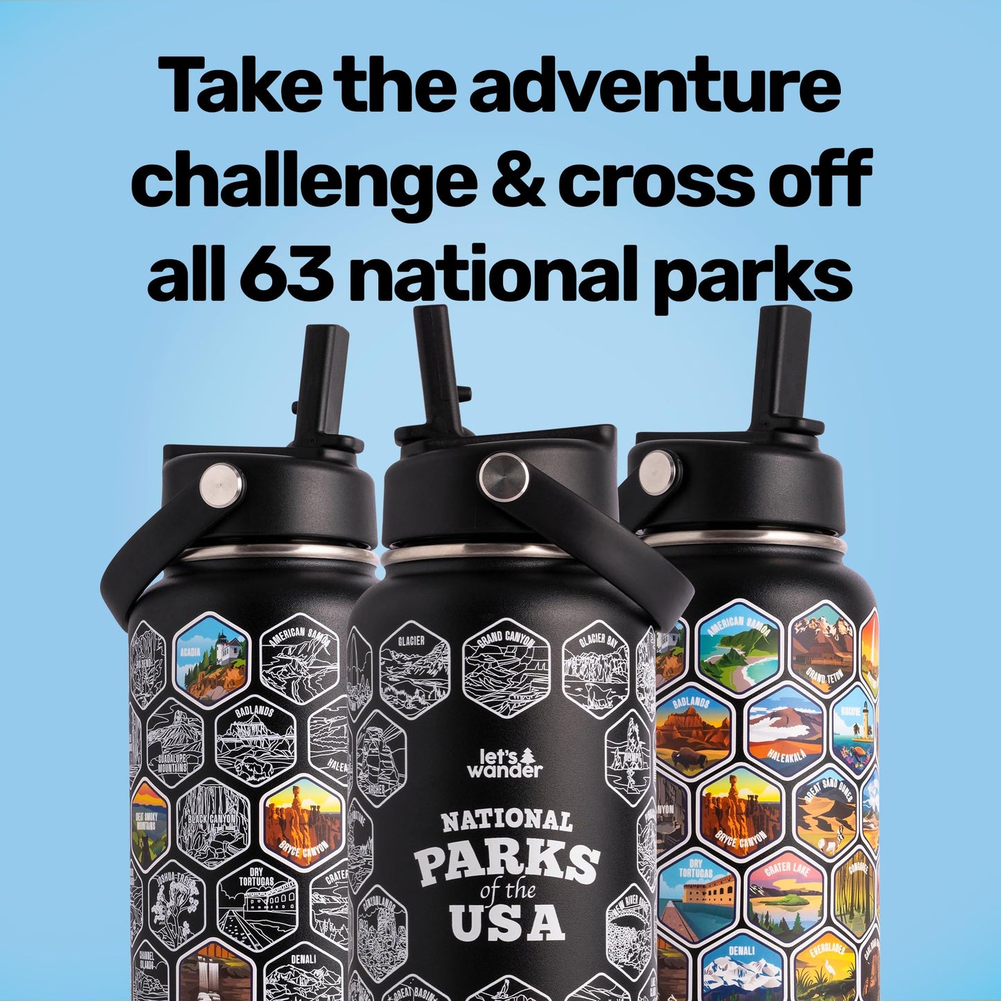 LET'S WANDER National Parks Water Bottle 2.0 Ultimate Bundle | Includes Straw Lid, Chug Lid and 2 Sets of 63 Waterproof Stickers | 32oz Leakproof Insulated Stainless Steel Gift Pack (Black)