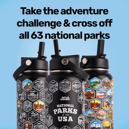 LET'S WANDER National Parks Water Bottle 2.0 Ultimate Bundle | Includes Straw Lid, Chug Lid and 2 Sets of 63 Waterproof Stickers | 32oz Leakproof Insulated Stainless Steel Gift Pack (Black)