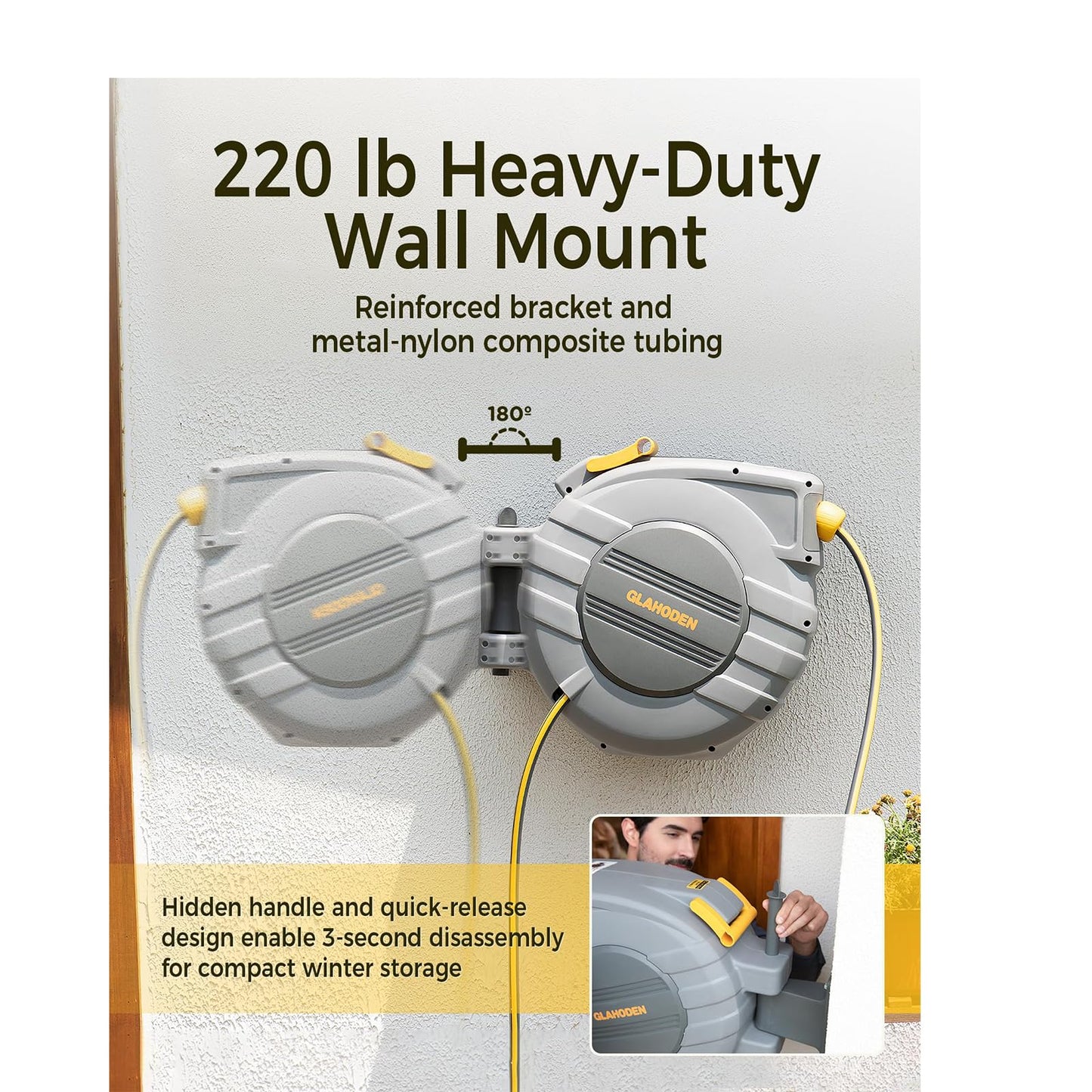 GLAHODEN Retractable Garden Hose Reel 5/8 in x 100 ft Upgraded UV Resistant Heavy Duty Automatic Hose Reel Wall Mount 3/4 in Brass Fitting 9 Pattern Nozzle Any Length Lock Slow Retraction 180° Swivel