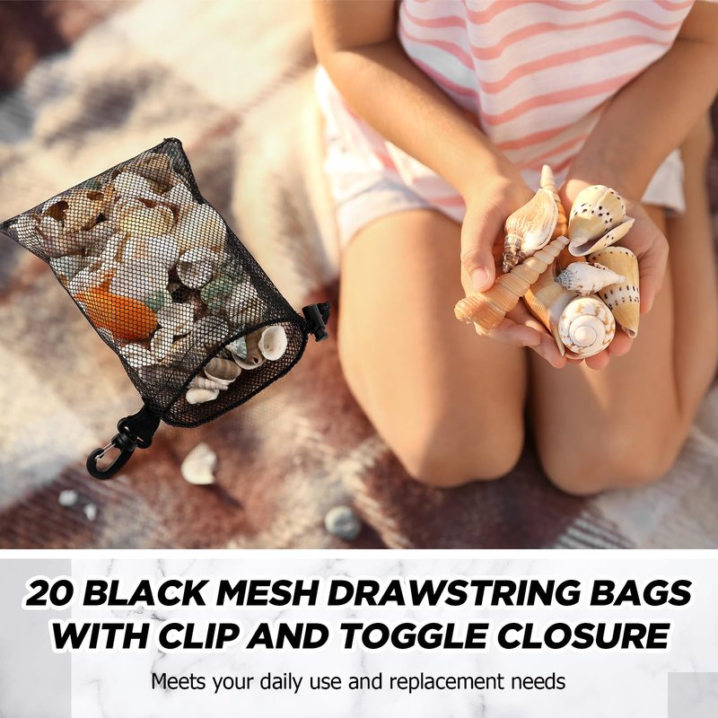 GliCraft 20 Pcs Mesh Drawstring Bag with Clip and Toggle Closure Bulk Black Closure Rock Collecting Bag for Adults Outdoor Mushroom Foraging Hunting Beachcombing Trekking
