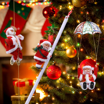 3 Pcs Electric Santa Claus Decoration - Rope Ladder Parachute Somersault Musical Santa Climbing Ladder Plush Doll Figurine Christmas Tree Hanging Ornaments Toys Xmas Gift