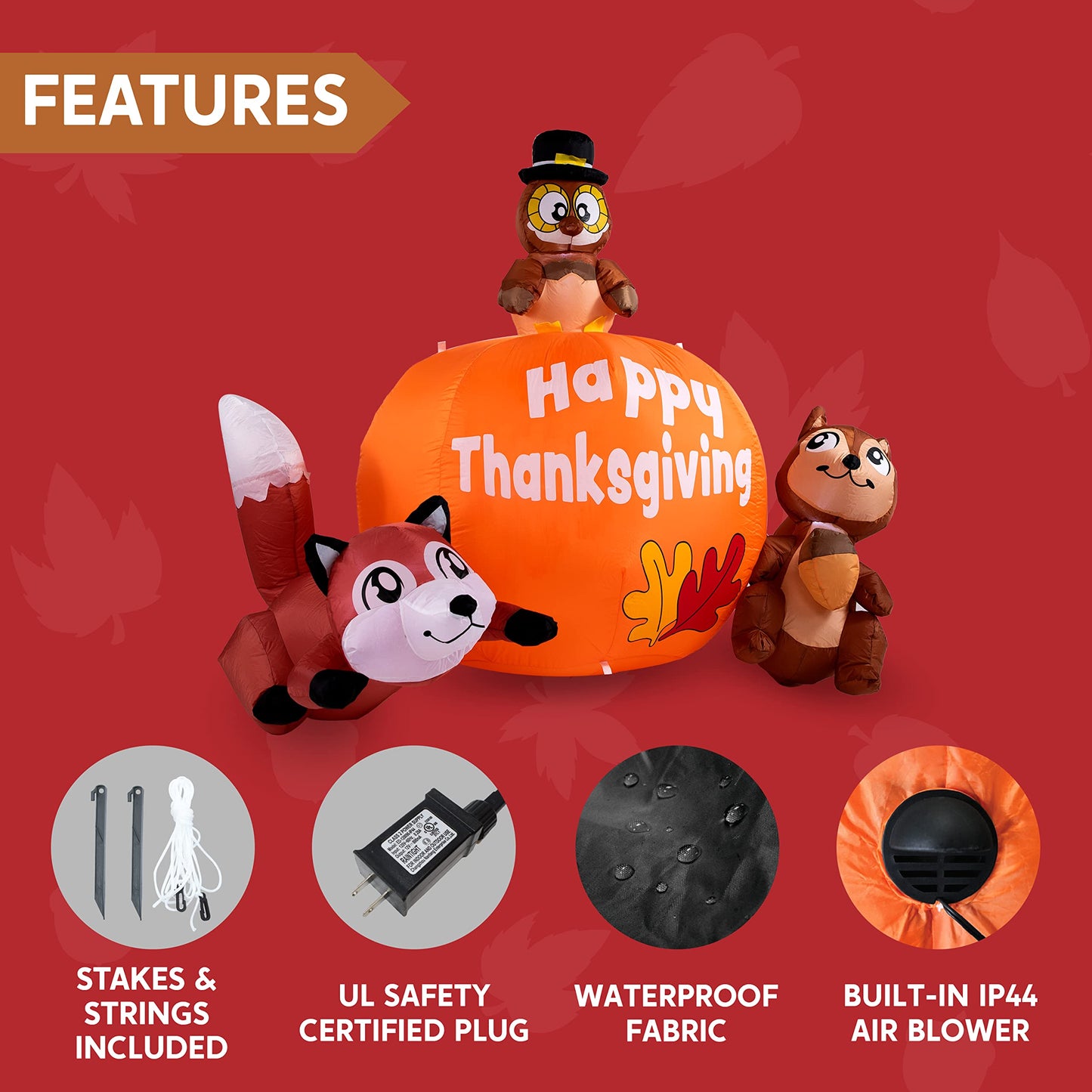 Joiedomi 6 FT Tall Thanksgiving Inflatable Turkey on Pumpkin, Inflatable Racoon and Squirrel with Build-in LEDs Blow Up Inflatables for Thanksgiving Party Outdoor, Yard, Garden, Lawn Fall Decorations