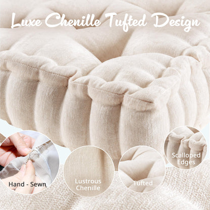 Intelligent Design Azza Floor Pillow, Large Cushions Sitting for Adults, Floor Pillow for Meditation or Yoga, Lustrous Chenille Tufted with Scalloped Edges for Bench/Chair Cushion, 20"x20"x5" Ivory