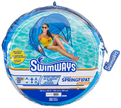 SwimWays Spring Float Premium Recliner Pool Lounge Chair with Adjustable Canopy and Hyper-Flate Valve, Blue