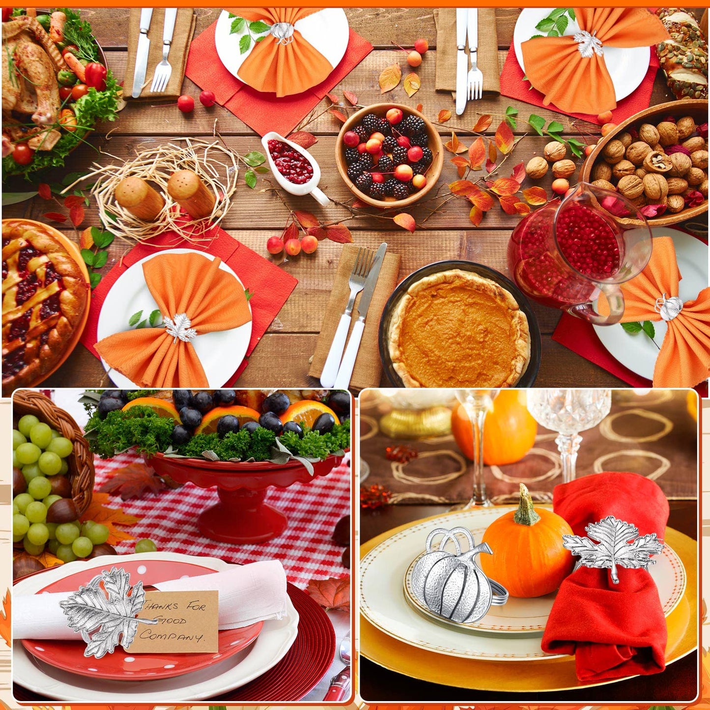 Patelai 12 Pieces Thanksgiving Napkin Ring Set Pumpkin Maple Leaf Fall Leaf Rings Halloween Napkin Holders Ring Kit for Thanksgiving Halloween(Maple and Pumpkin,Silver)