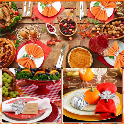 Patelai 12 Pieces Thanksgiving Napkin Ring Set Pumpkin Maple Leaf Fall Leaf Rings Halloween Napkin Holders Ring Kit for Thanksgiving Halloween(Maple and Pumpkin,Silver)