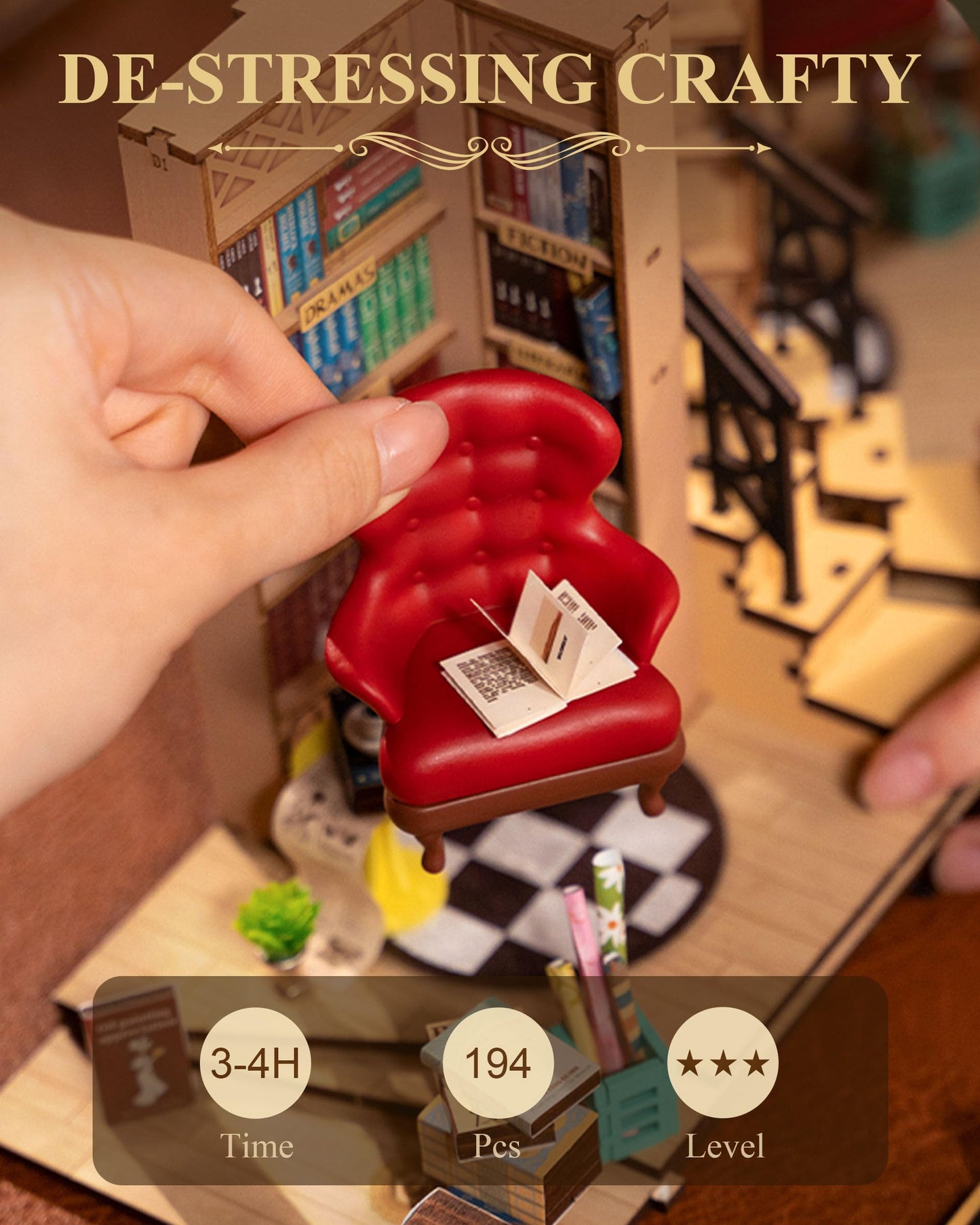 Rolife Book Nook Kits for Adults Shakespeare Bookstore DIY Miniature Kit with LED Light for Desk Library Bookshelf Decoration 3D Wooden Puzzle Booknook Model Kits for Adults to Build (TGB07)