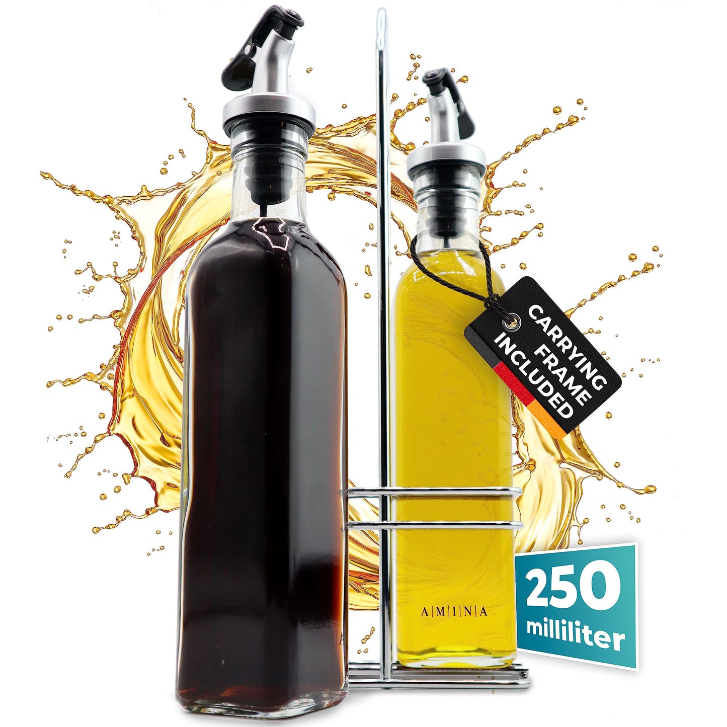 Cucino Vinegar and Oil Bottle Set - Includes Funnel and Labels - Pack of 2 Glass Bottles with Spouts, 250 ml Each - Perfect for Oliveoil