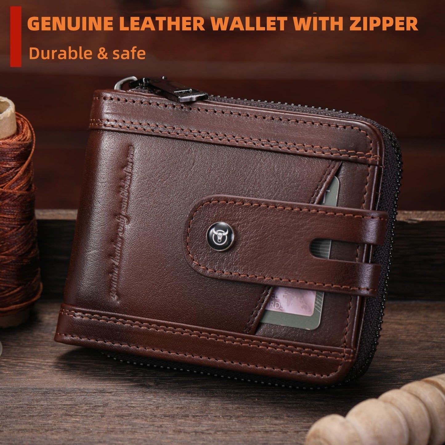 BULLCAPTAIN Genuine Leather Men's Wallet with Zipper Vintage RFID Blocking Large Capacity Wallet for Men with 14 Credit Card Slots and 1 ID Window T23 (Coffee)