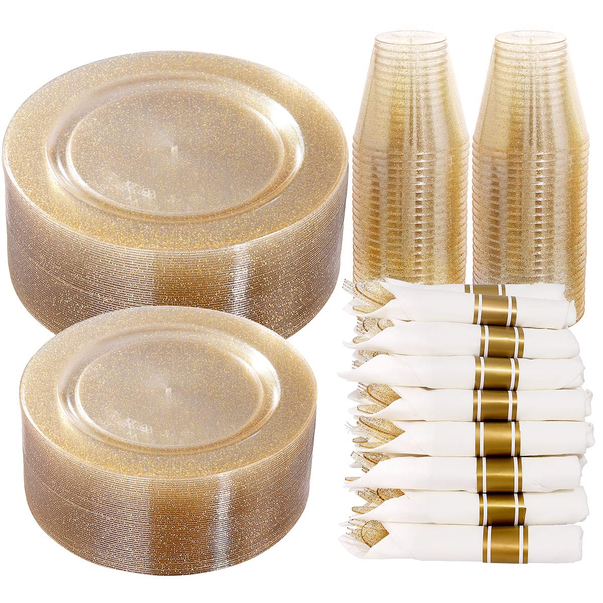 DaYammi 350 Pieces Gold Glitter Dinnerware Set 50 Guest for Party- 50 Dinner Plates, 50 Dessert Plates -50 Per Rolled Napkins with Gold Cutlery - 50 Disposable Cups 9 OZ