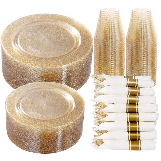 DaYammi 350 Pieces Gold Glitter Dinnerware Set 50 Guest for Party- 50 Dinner Plates, 50 Dessert Plates -50 Per Rolled Napkins with Gold Cutlery - 50 Disposable Cups 9 OZ
