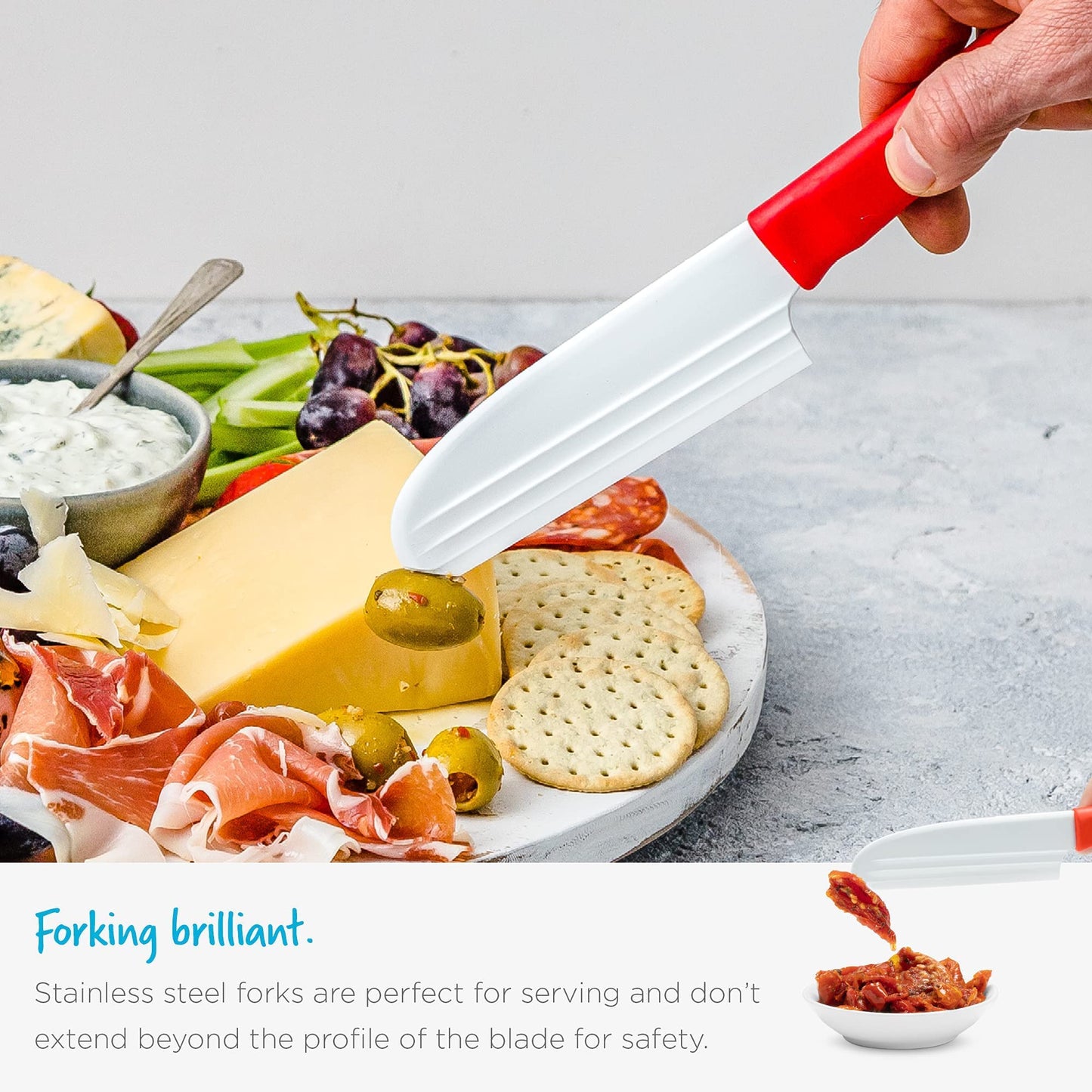 Dreamfarm Knibble Lite 3-In-1 Non-Stick Cheese Knife for Charcuterie, Slicing, Spreading, with Built-In Fork to Serve & Share Foods - 9" Red