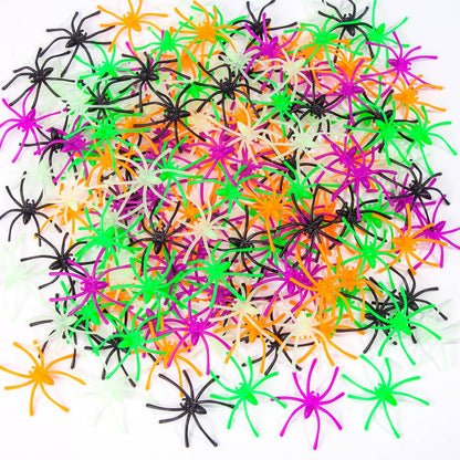 150PCS Plastic Spiders Halloween Small Plastic Spiders Fake Spiders Realistic Spider Toys Prank Props for Home and Party Decor, 2 x 1.8 Inches, Black, Green, Orange, Purple, Glow in The Dark Spiders