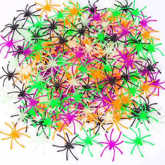 150PCS Plastic Spiders Halloween Small Plastic Spiders Fake Spiders Realistic Spider Toys Prank Props for Home and Party Decor, 2 x 1.8 Inches, Black, Green, Orange, Purple, Glow in The Dark Spiders