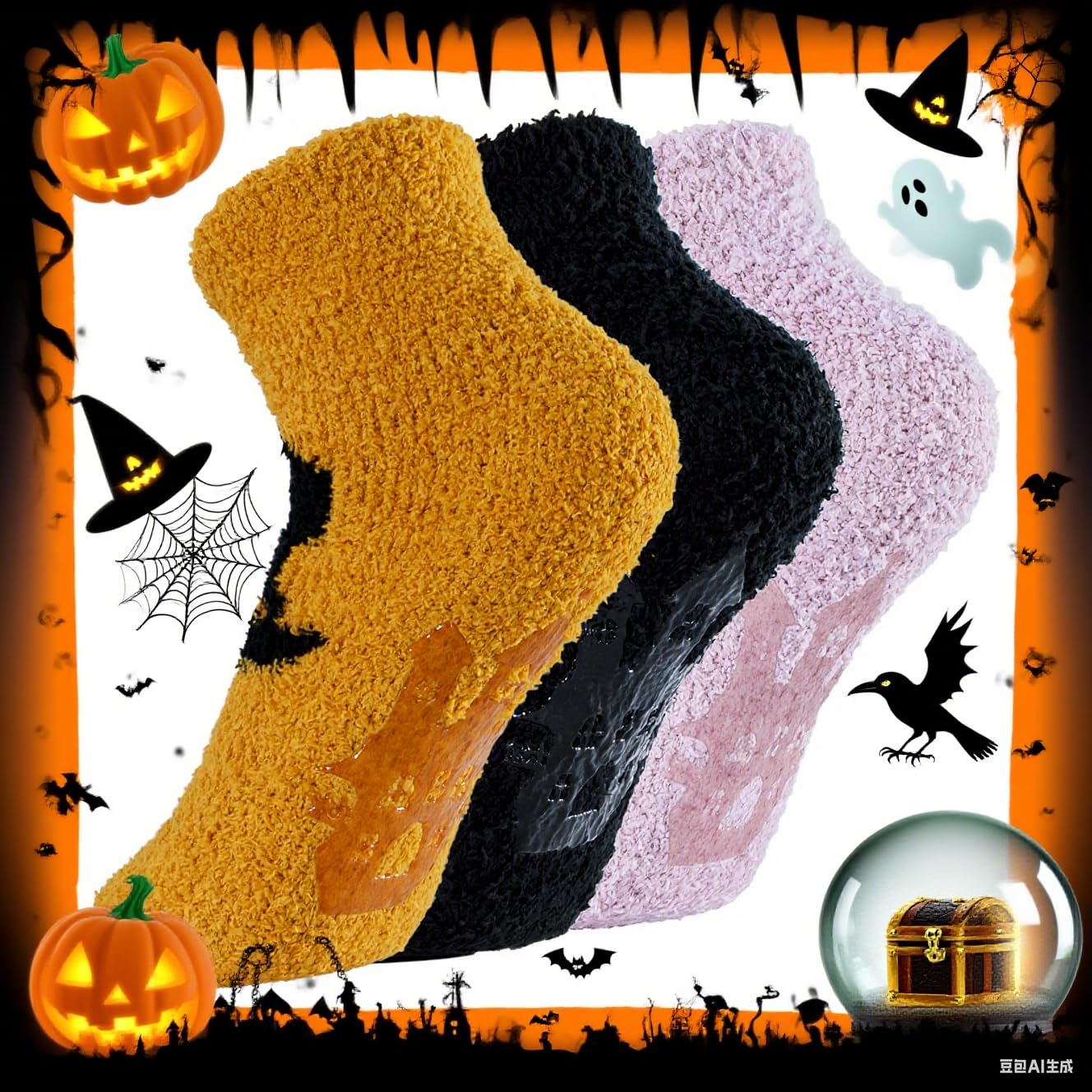 Zando Women's Colorful Halloween Socks - Horror Ghost Print, Non-Slip, Fuzzy, Warm & Soft, Perfect for Parties & Sleep
