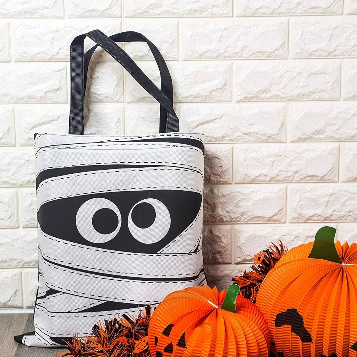 BLUE PANDA Halloween Tote Bags - 15 x 16 in, Black & White Canvas, Pack of 12 - Reusable Mummy-Print Trick-or-Treat Goodie Bag for Party Favors