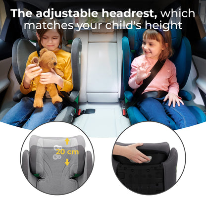 Kinderkraft JUNIORFIX2 Car Seat for 4-12 Years, I-Size 100-150 cm, Group 2/3, Toddler car seat with Isofix, Adjustable Headrest, Reinforced Side protections, Wide and Comfortable seat, Gray