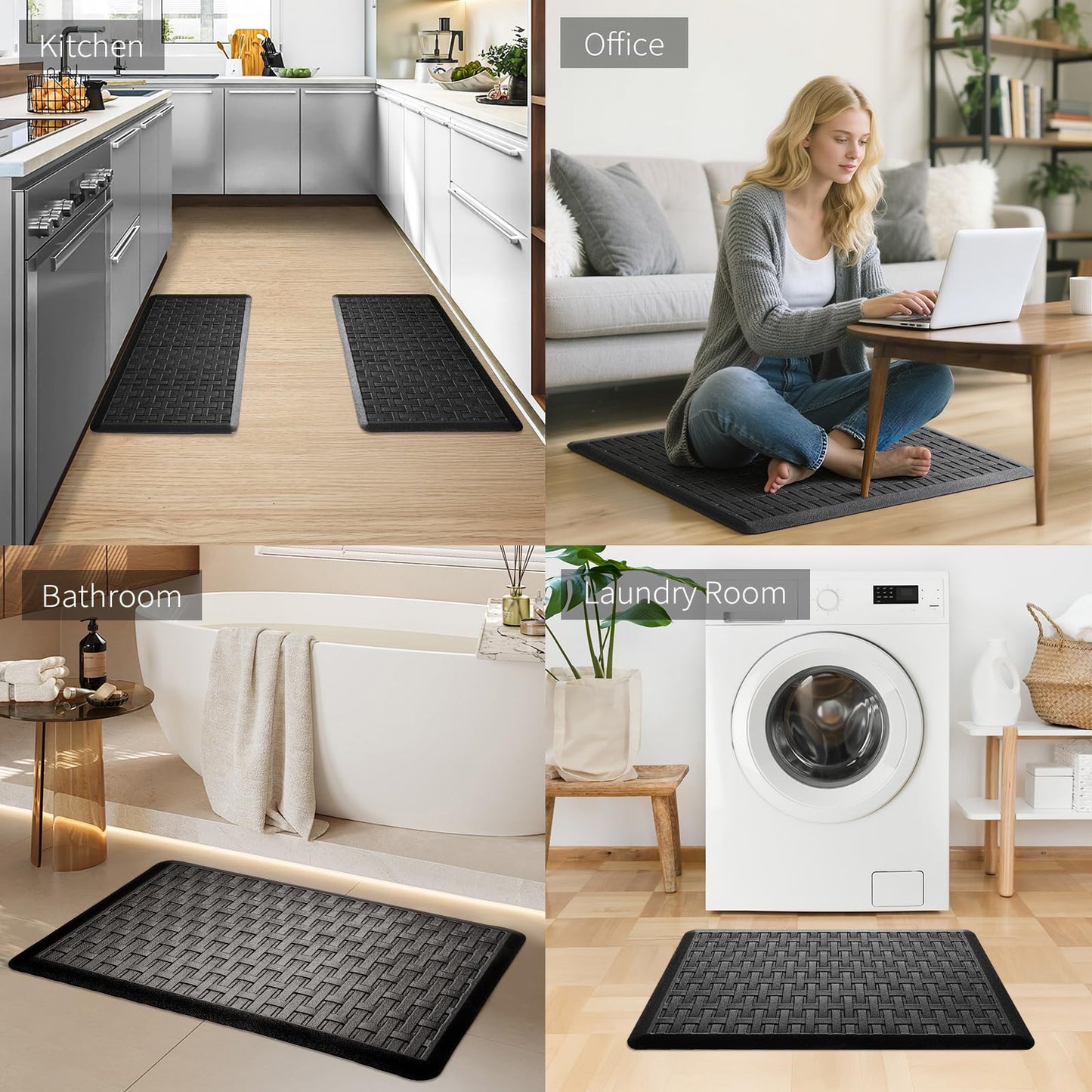 UKISS 2PCS Kitchen Rugs, Cushioned Anti Fatigue Kitchen Mats for Floor, Waterproof Kitchen Rug，Non-Slip Comfort Standing Mat for Kitchen (Black, 17.3"x28"+17.3"x28")