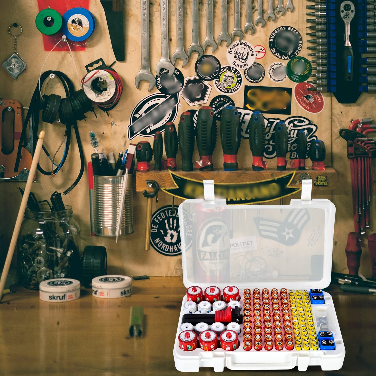 Battery Organizer Storage Case with Tester Checker. Batteries Holder Box Container for 120+ AA AAA 9V C D Lithium CR2025 CR1632 CR2032 Coin Cell Battery with Wall-Mounted Design -Transparency