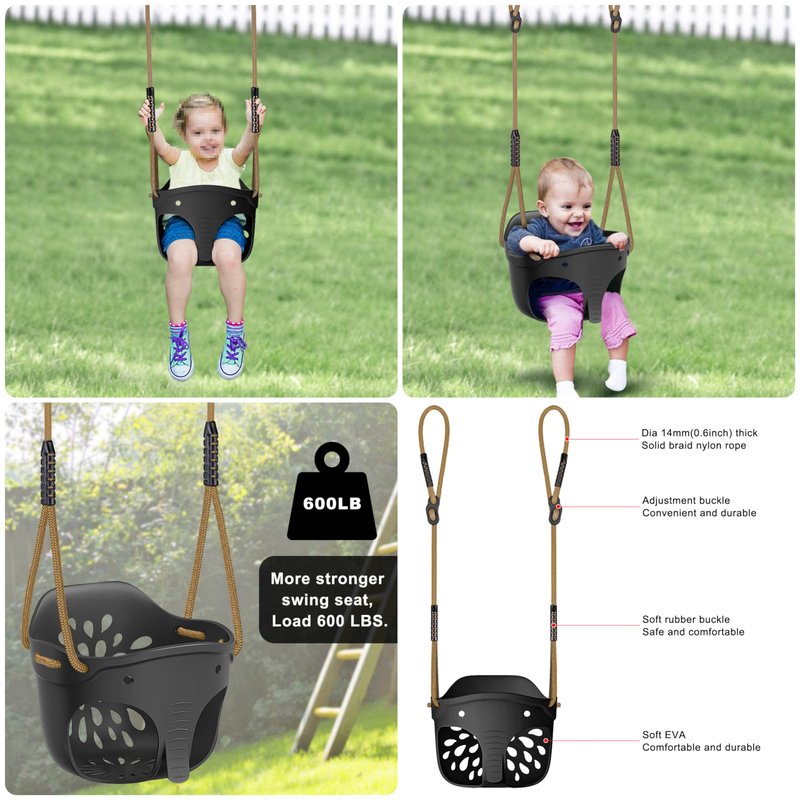 SELEWARE Heavy-Duty High Back Full Bucket Toddler Swing Seat with Locking Carabiners and Adjustable Rope, Cute Elephant Shape Design, 600LB Weight Limit (Bucket Swing, Black)