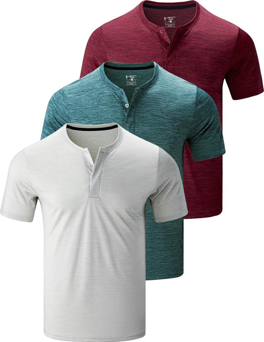 3 Pack: Mens Polo Shirts, Business Casual Golf Henley Work Shirts for Men, Collarless Short Sleeve Stylish Athletic Tshirts (Set 2, Medium)