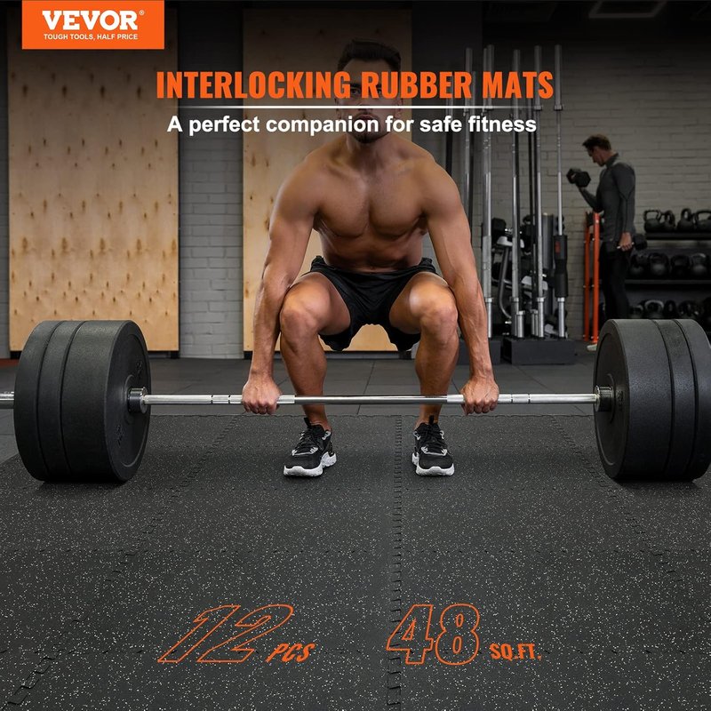 VEVOR Gym Flooring Tiles - Interlocking Rubber Mats with High-Density EVA Foam | 25 x 25In, Black & Gray, 48 sq.ft