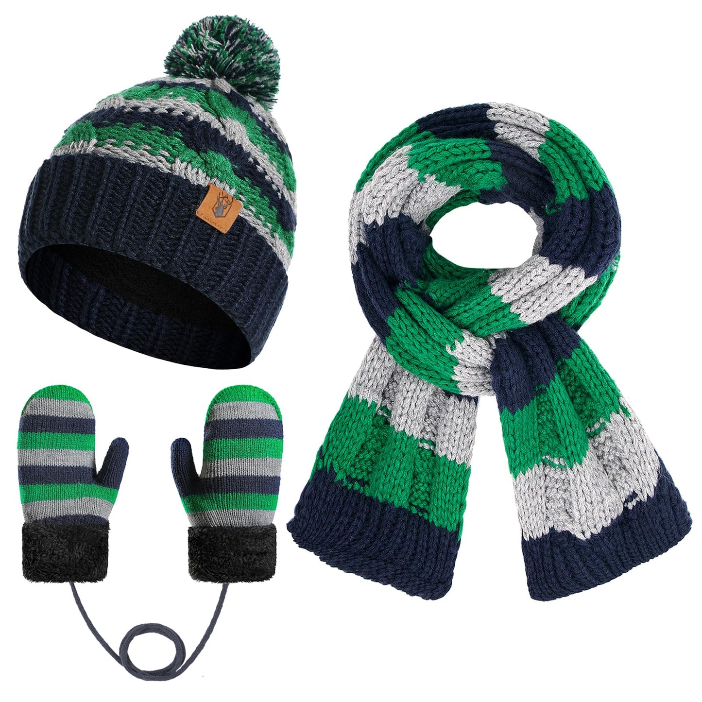 Boys Winter Hat Scarf and Gloves Set for Kids Warm Knitted Hat Mittens and Fleece Neck Warmer Scarf Set for Boys Girls 3pcs