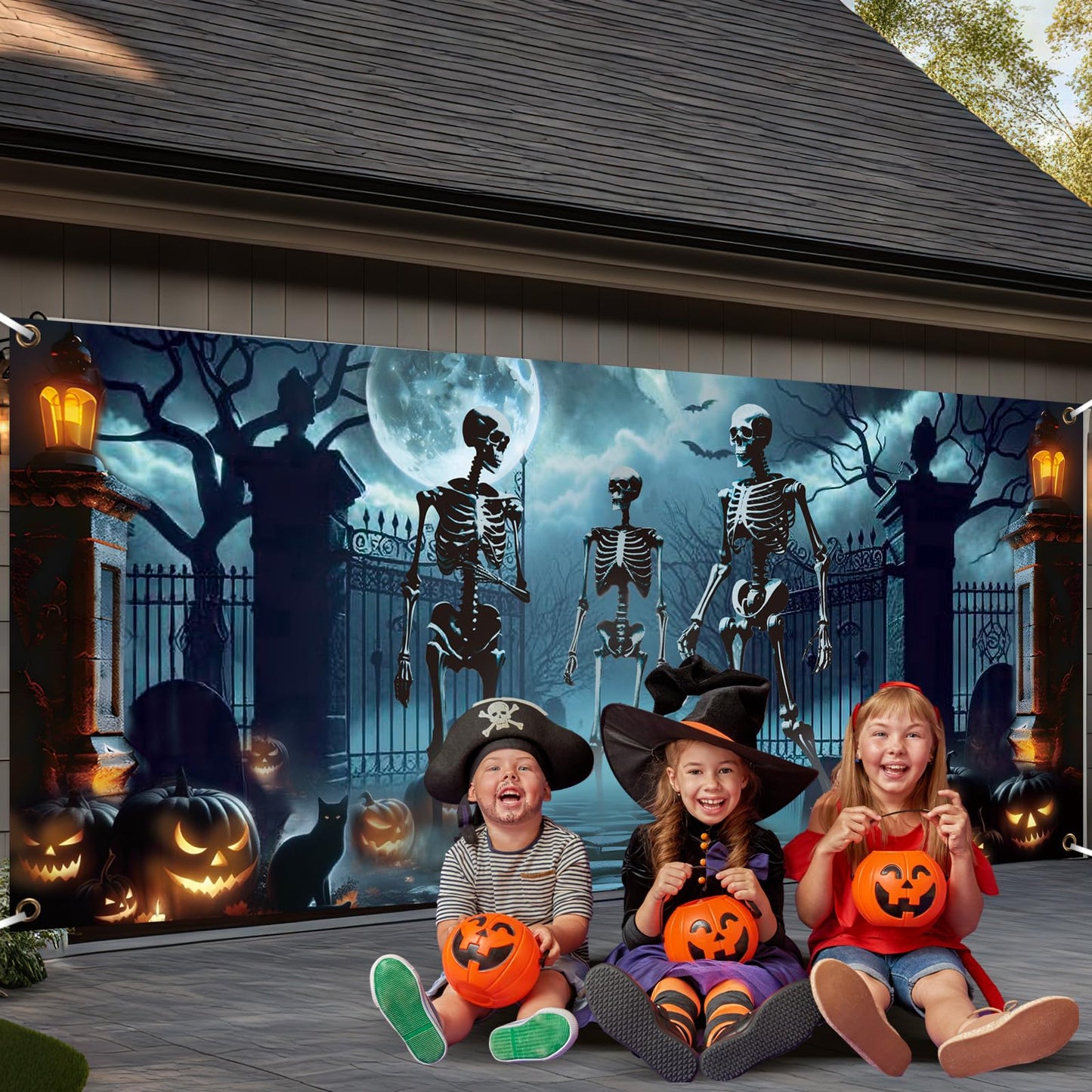 Preboun Halloween Garage Door Decorations Skeleton Halloween Hanging Garage Door Cover Banner Backdrop Mural for Home Outdoor Indoor Spooky Party Wall Window Yard, 7 x 16 ft