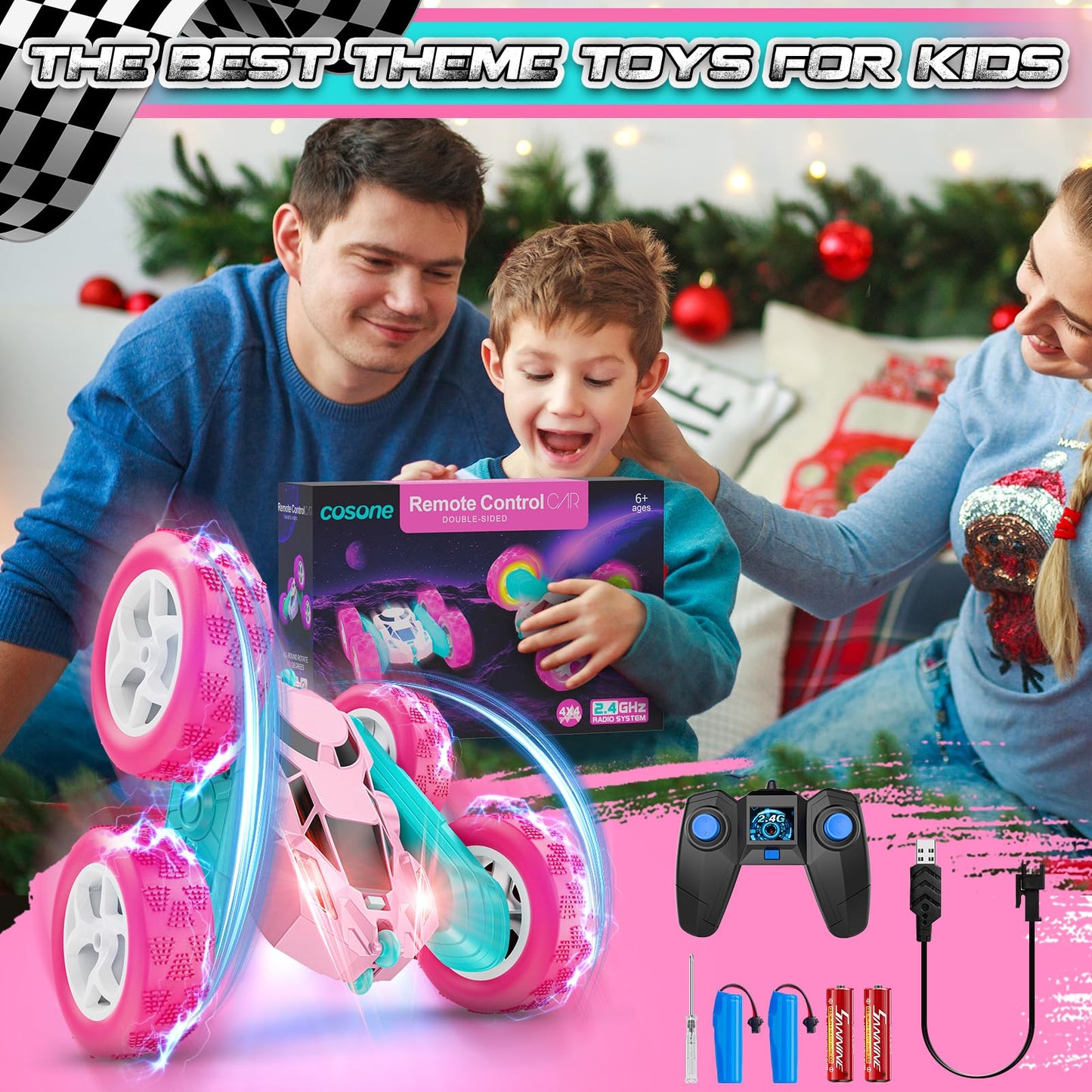 cosone Pink Remote Control Car for Girls, RC Stunt Car Double Sided 360°Flip with Headlights, All Terrain Tires, Rechargeable Batteries Toy Car for 6 7 8 9 10 11 12 Girls Birthday