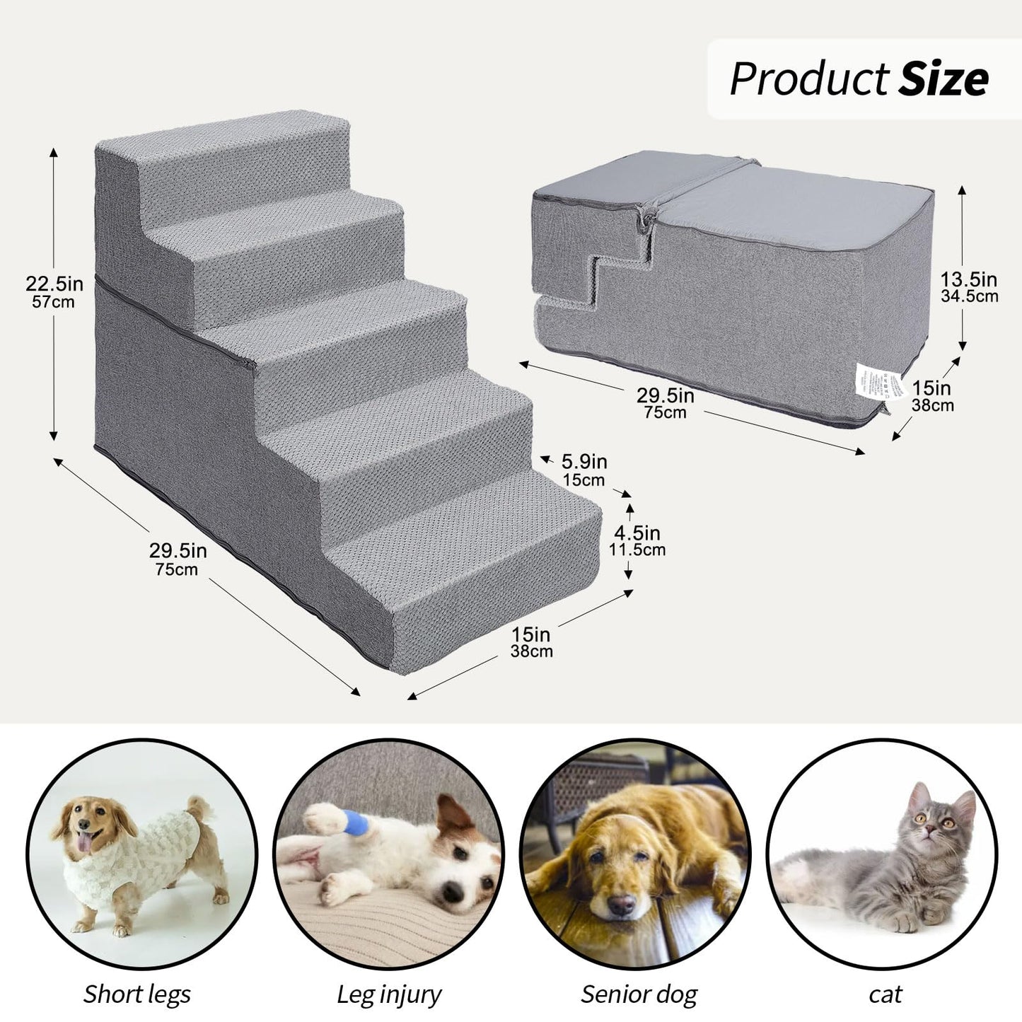 Masthome Dog Steps for Bed, Foldable 5-Step High-Density Foam Dog Ramp with Removable Cover, Soft & Non-Slip Pet Stairs for Small Older Injured Pets, 75x38cmx57, Grey