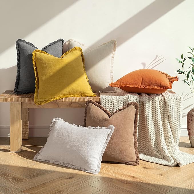 MIULEE Fall Decorative Throw Pillow Covers Neutral Linen Fringe Throw Pillows Set of 2 Burnt Orange Boho Farmhouse Cushion Covers with Tassels for Couch Sofa Bed Living Room Home Decor 16x16 Inch