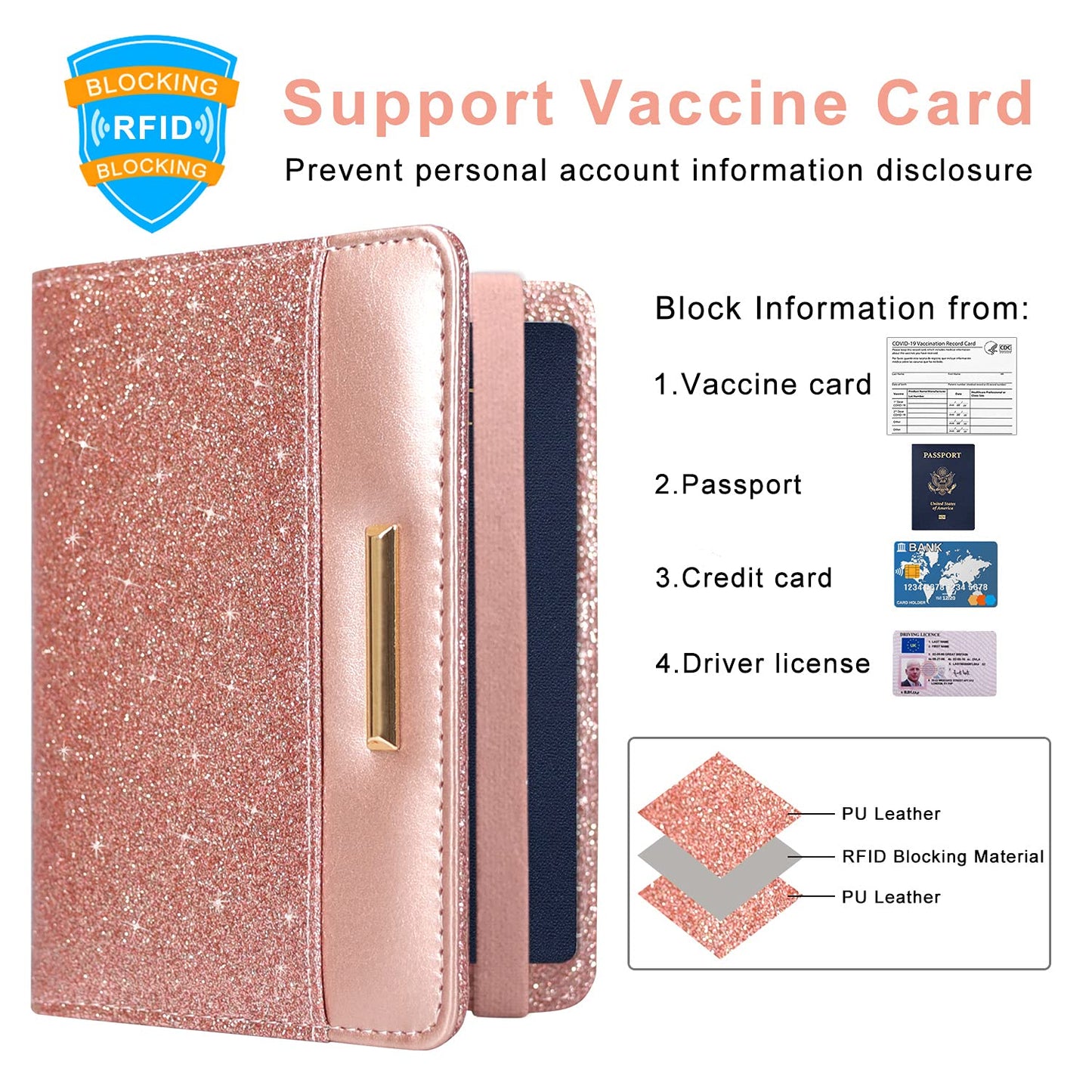 Caweet Passport Holder and Vaccine Card Holder Combo RFID Blocking Leather Vaccination Card Wallet with Elastic Band Closure, Glitter Rose Gold