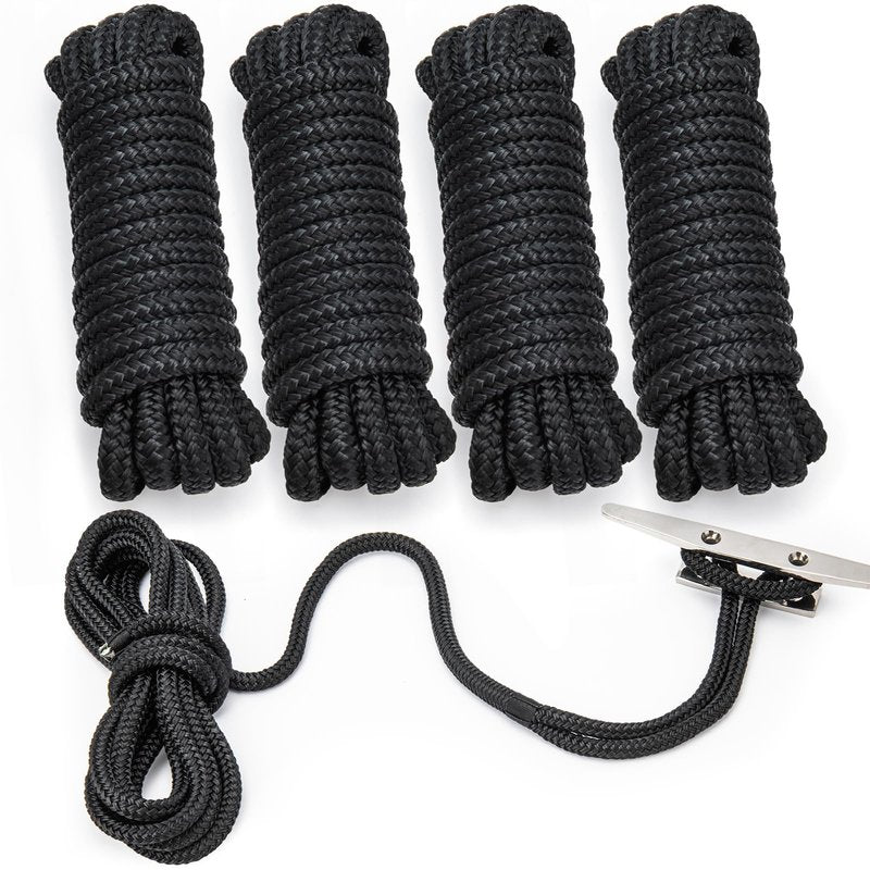 PropelTech 4 Pack 3/8" x 15’ Boat Dock Lines for Boat & Pontoon, Premium Marine- Grade Double Braided Nylon Dock Line, Pre-Spliced with a 12" Eyelet-Black,Boating Gifts for Men