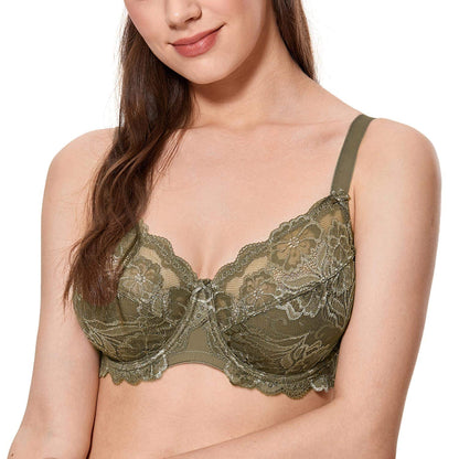 CALVENA Women's Lace Bra Full Coverage Non Padded Underwired Unlined Plus Size Bra for Everyday Comfort Camouflage 34DD
