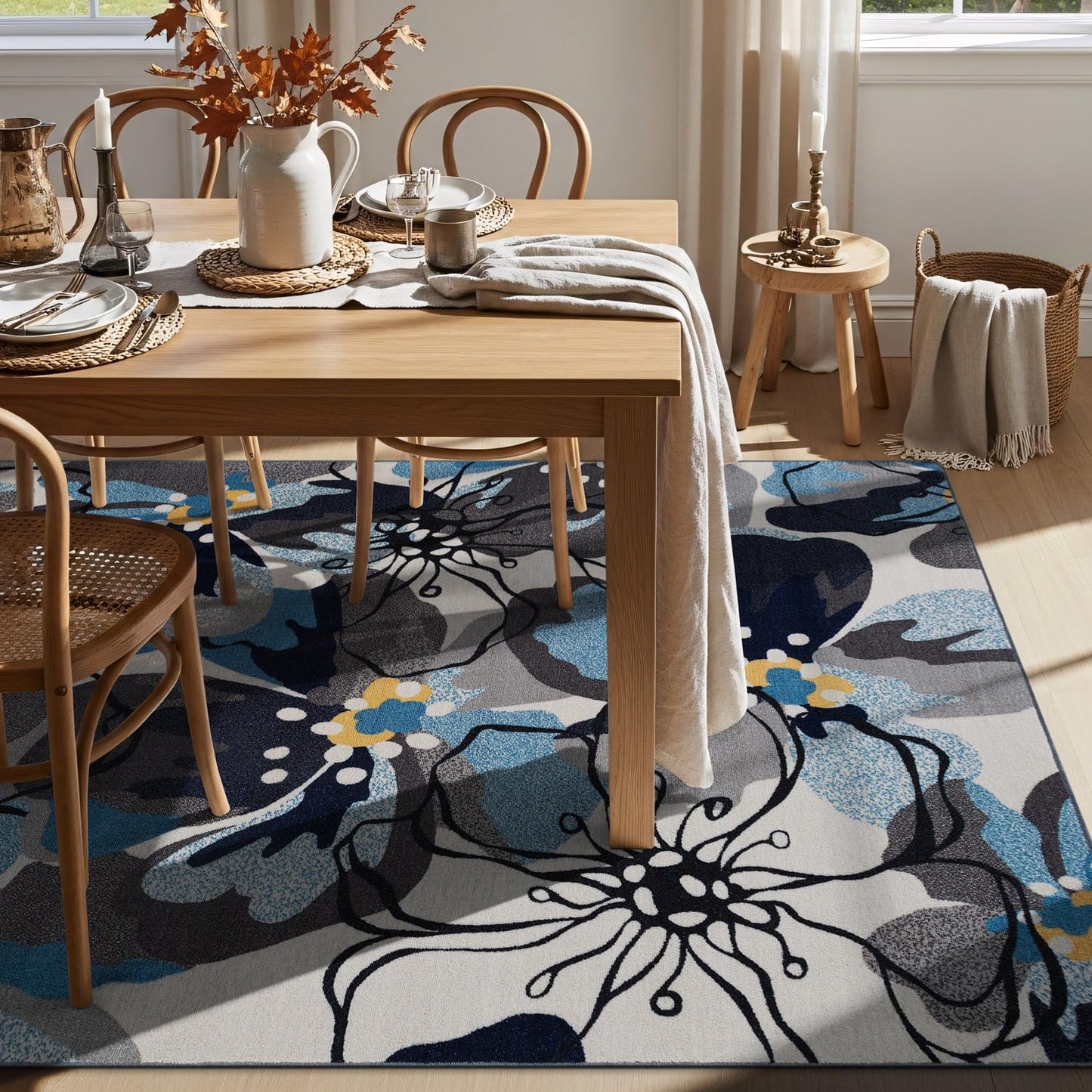 Rugshop Contemporary Gray-Blue Large Floral Non-Slip Area Rug for Living Room Bedroom,Kitchen Entryway 5'3" x 7'3" -Blue
