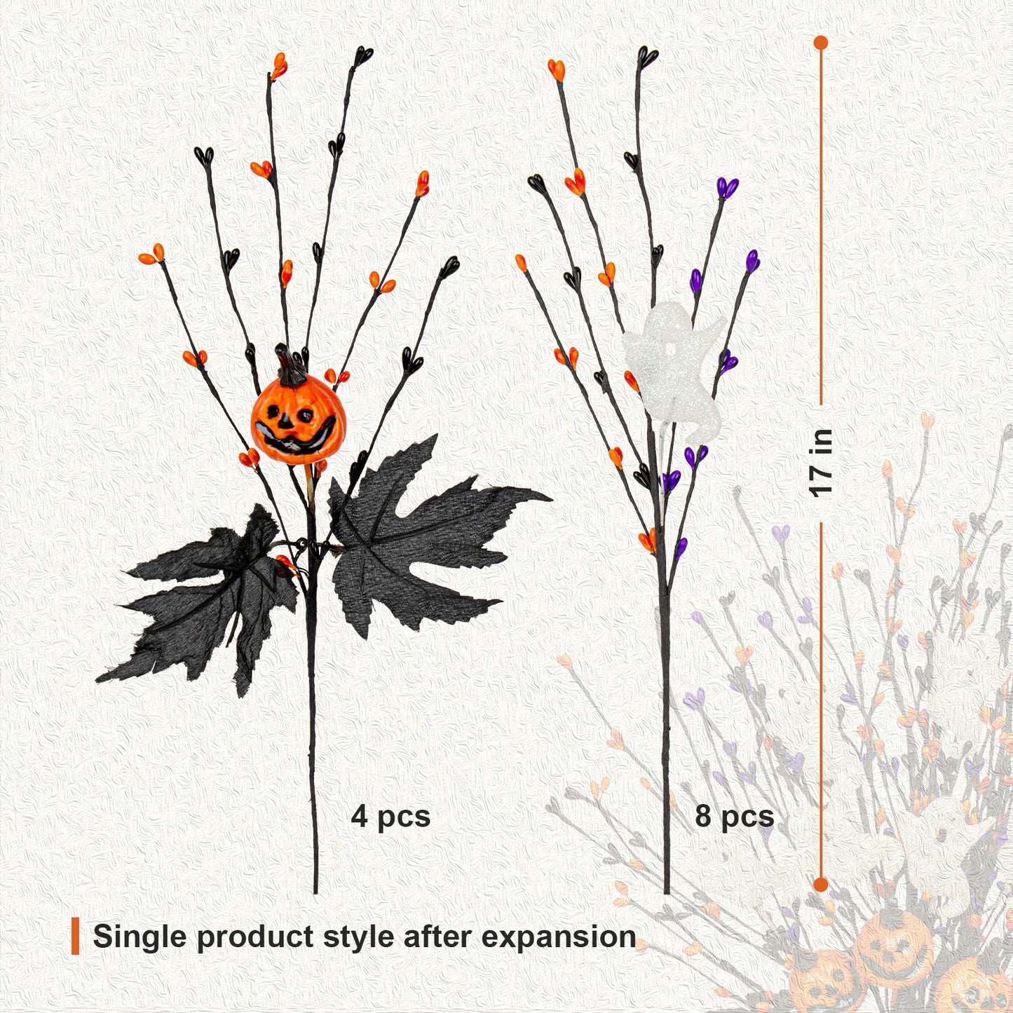 12 PCs Spooky Halloween Flowers Artificial 17 Inches Orange Black Floral Stems Gothic Halloween Pumpkin Stems with Ghost Floral Picks for Vase Floral Arrangements Table Centerpieces Decorations