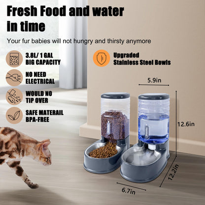 Automatic Pet Feeder Small&Medium Pets Automatic Food Feeder and Waterer Stainless Steel Bowls Set 3.8 L, Travel Supply Feeder and Water Dispenser for Dogs Cats Pets Animals