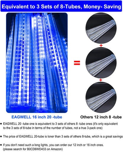 EAGWELL Christmas Lights Outdoor 16 Inch Meteor Shower Rain String Lighting, 20 Tube 960 LEDs Icicle Tree String Decor for Halloween Yard Party Patio Xmas Decoration,Blue